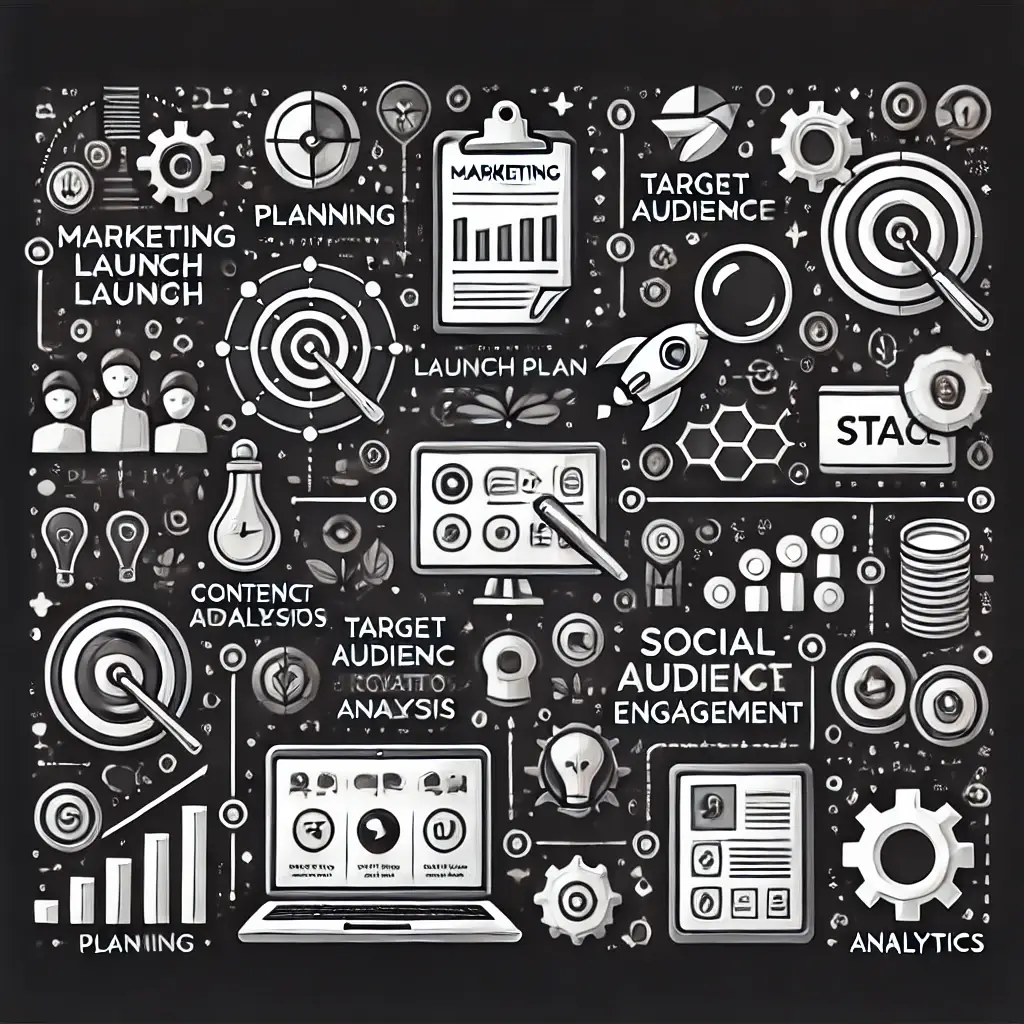 A clean, modern digital illustration of a marketing launch plan concept with a black background. Shows various stages of a digital product launch like